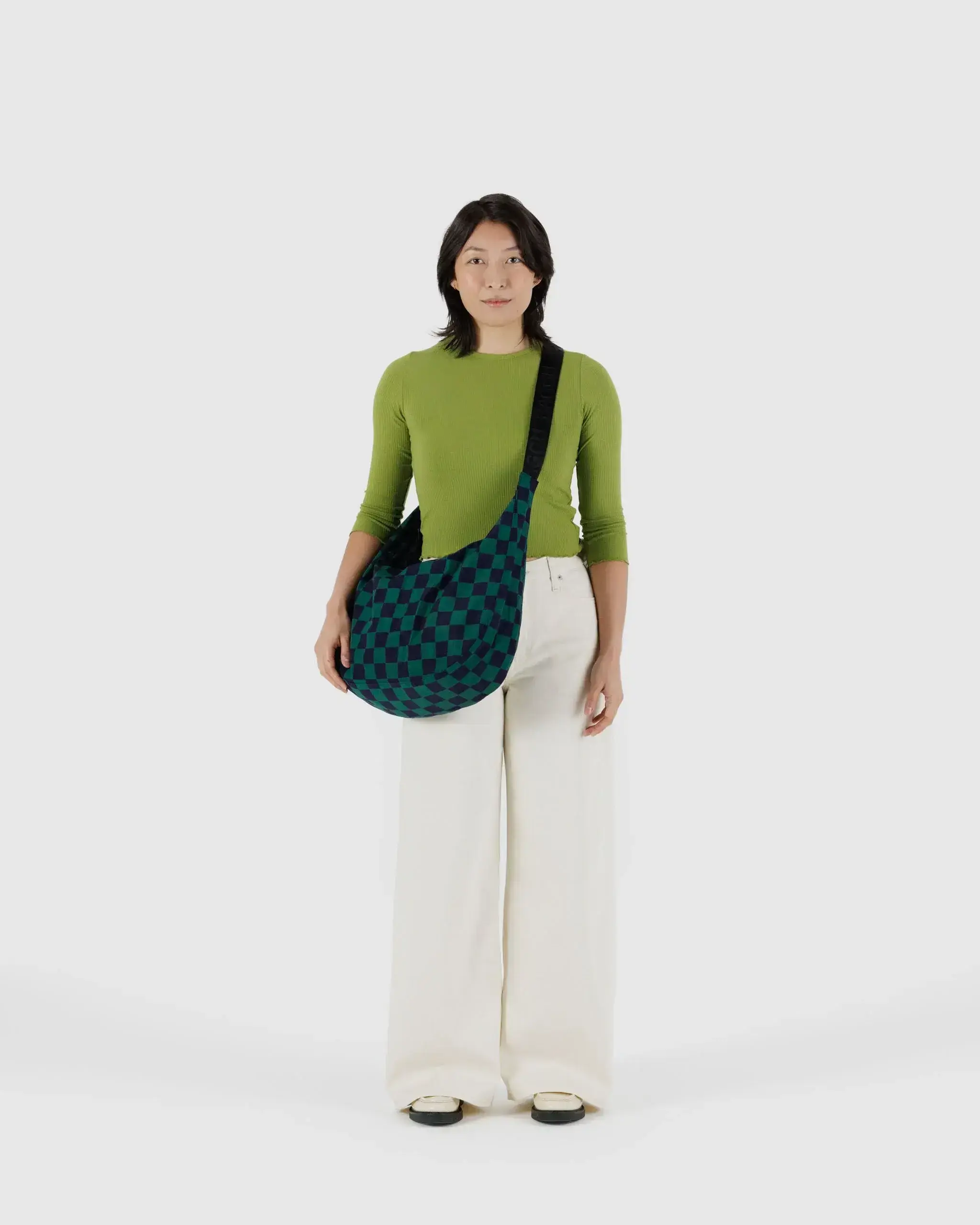 Large Nylon Crescent Bag Navy Green Check - Image 2