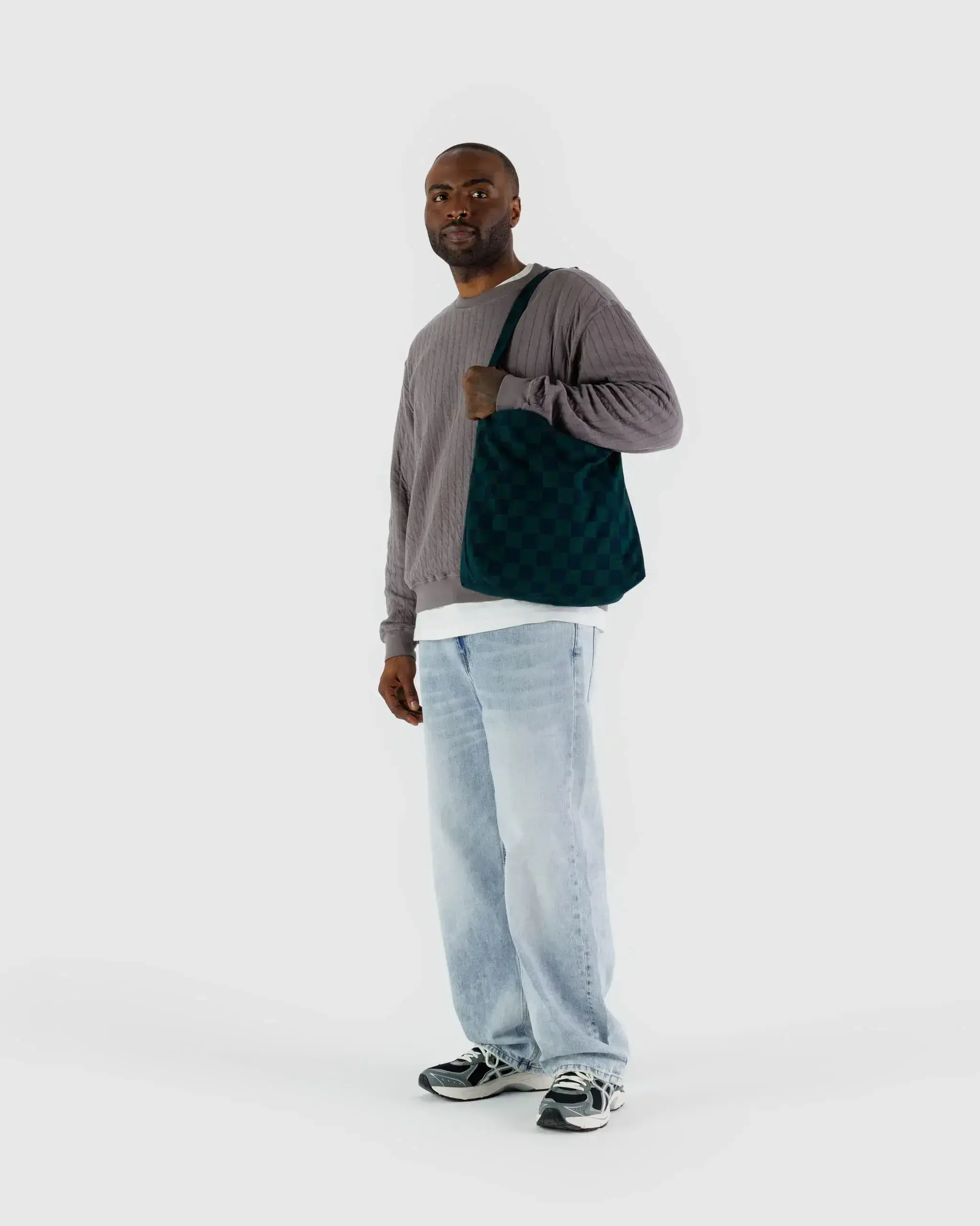 Horizontal Zip Duck Bag Navy Green Check - Image 2