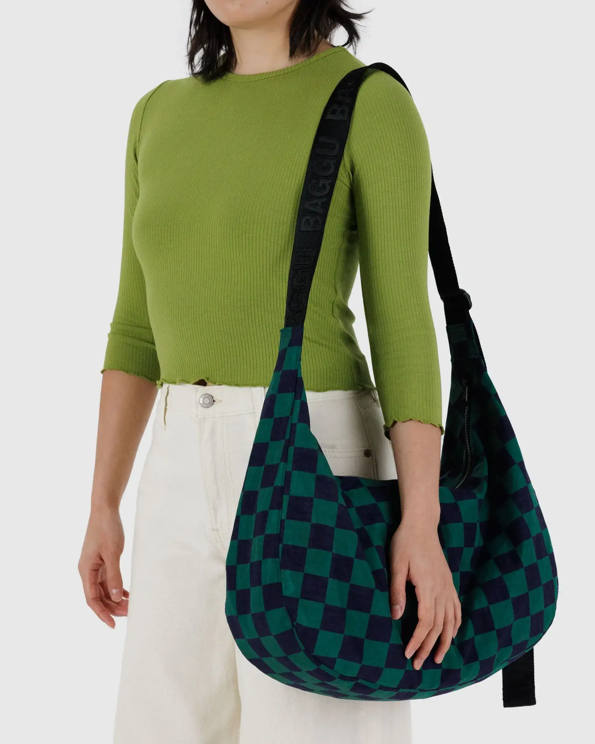 Large Nylon Crescent Bag Navy Green Check - Image 3