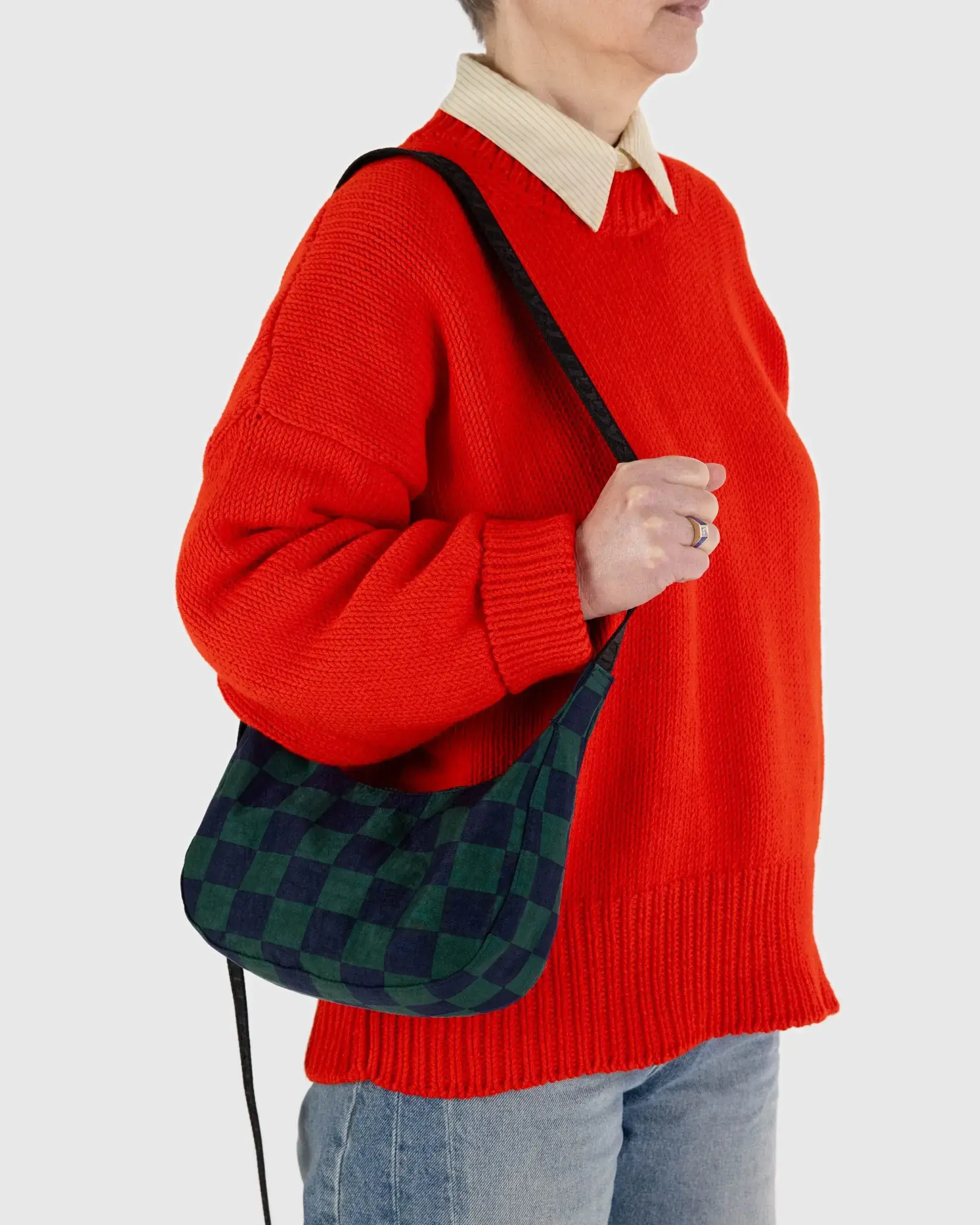 Small Nylon Crescent Bag Navy Green Check - Image 3