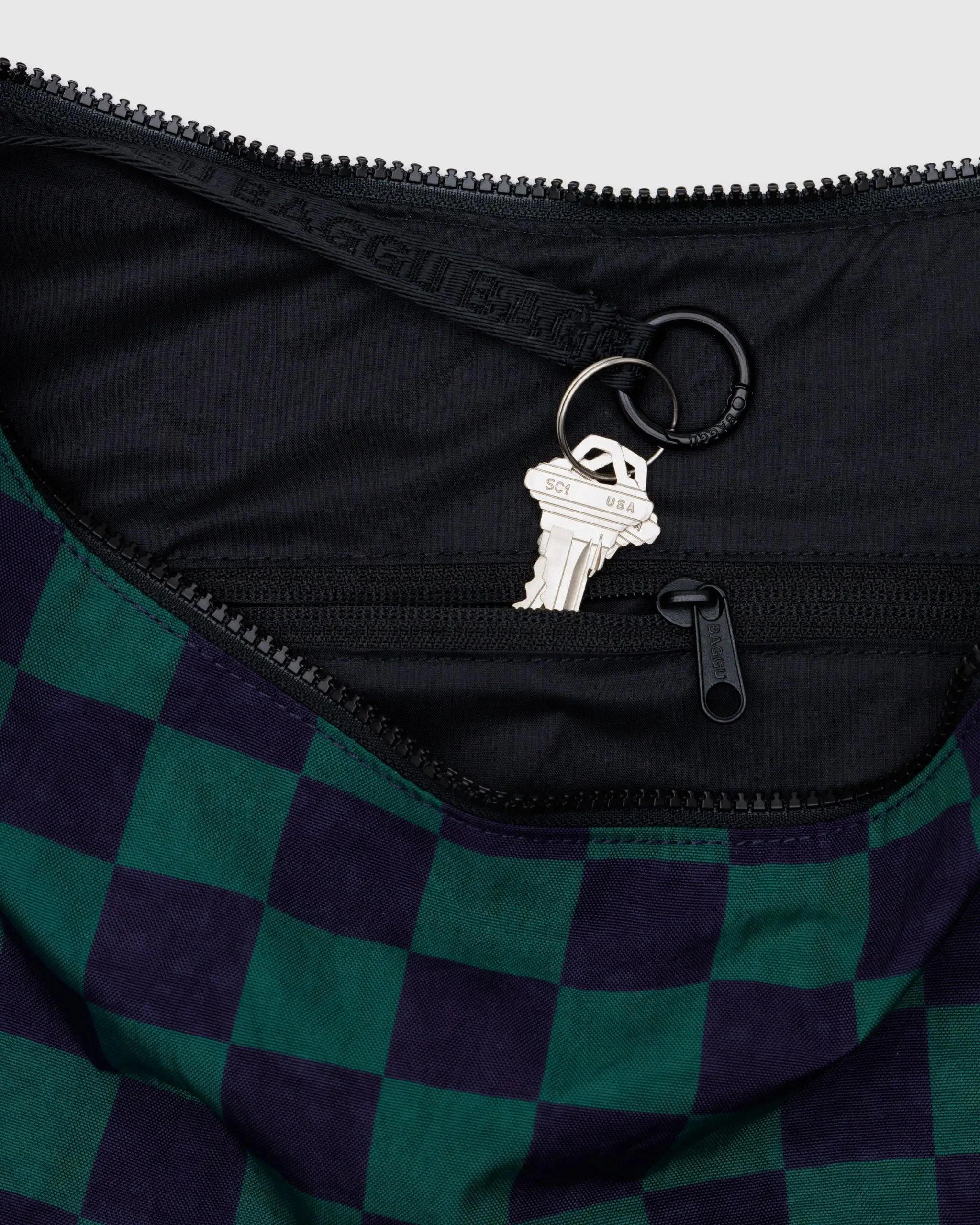 Large Nylon Crescent Bag Navy Green Check - Image 4